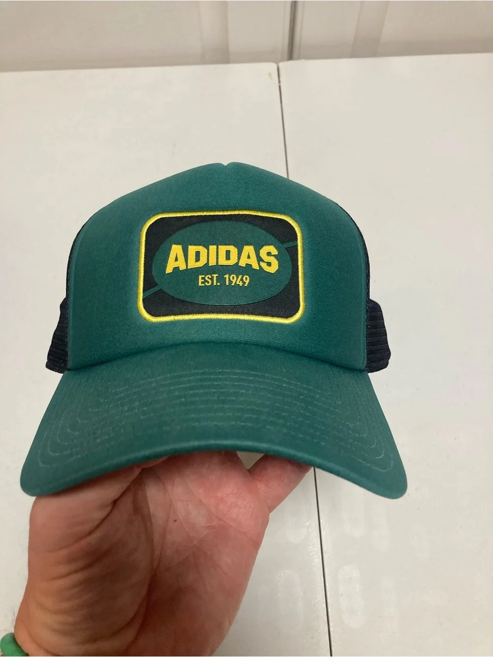 adidas Green and Black Trucker Hat with Yellow Logo
